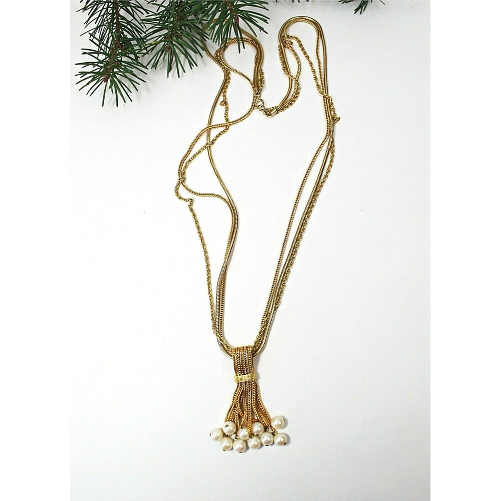 Vintage 3 Strand Gold Tone Chain Necklace 30" Faux Pearls Beaded Tassel Pendant